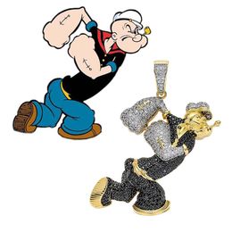 Hip Hop Micro pavimentato Nero Bianco CZ Pietra Bling Iced Out Personaggio dei cartoni animati Popeye Collana con pendenti per uomo Rapper Jewelry2214