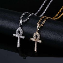 hip hop anhur cross diamonds pendant necklaces for men women luxury crystal gold silver pendants 18k gold plated ankh chain neckla268C