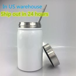 US Warehouse 500ml Sublimation Mason Jar Mugs Stainless Steel Coffee Cup Portable Heat Insulation Tumbler Dust-proof Bottle with M2444