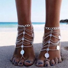 Vintage Cheap Barefoot Beach Sandals For Weddings Silver Anklets Chain Gold Coin Tassels Toe Ring Beading Bridal Bridesmaid Foot J3591