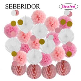 Other Event Party Supplies Wedding Baptism Party Favour Pink Blue Folding Paper Fan Set Baby Boy Girl 1st Birthday Decor Tissue Pompom Ball Honeycomb 8Inch 230926