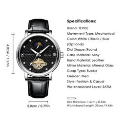 2021 TEVISE Mens Watches Moon phase Tourbillon Watch Casual Leather Sport Wristwatch Male Clock Relogio Masculino177E