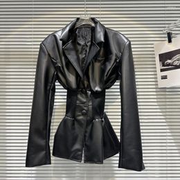 Women's Leather BORVEMAYS Autumn PU Jacket Black Women Simple All-match Lapel Single-breasted Long Sleeve Solid Color Coat WZ5886