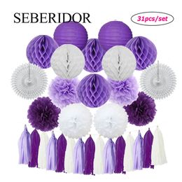 Other Event Party Supplies Purple White Set Round Paper Lantern Tissue Fan Pompom Tassel For Girl Boy 1st Birthday Party Favor Baby Baptism Wedding Decor 230926