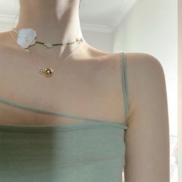 Choker ALLME Statement White Cloth Pearl Flower Green Beads Strand Double Layers Pendant Necklace For Women Gift