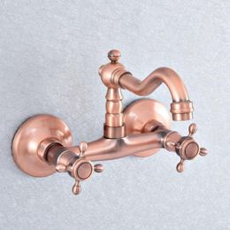 Bathroom Sink Faucets Antique Red Copper Basin Mix Tap Dual Handles Wall Mounted Kitchen Mixer Faucet Nsf867
