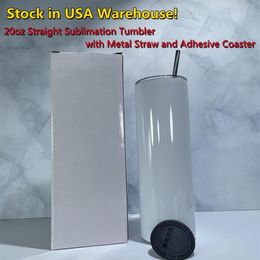 USA Local Warehouse Sublimation 20oz Straight Skinny Tumblers with Metal Straw Adhesive Rubber Coasters Stainless Steel Double Wal214a