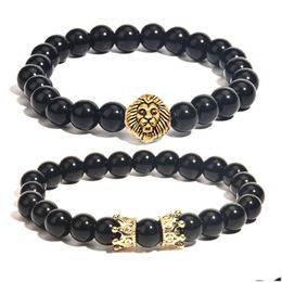 Beaded Mens Bracelet 8Mm Black Onyx Strands Jewellery Lion Head And Micro Pave Crown Wrist Bracelets For Women Drop Delivery Dhfp7