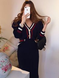 Two Piece Dress Set Women Korean Autumn and Winter Vneck Bordered Contrast Colour Knitted Sweater High Waist Bodycon Skirt 230925