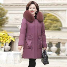 Women's Trench Coats Hooded Mid-Length Fleece Coat For Women Fur Collar Middle-Aged And Elderly Thick Winter Clothes Ladies Cotton Outerwear