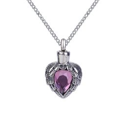 Urn Necklace Purple Birthstone Wing Heart Pendant Memorial Ash Keepsake Cremation Jewellery Stainless Steel With Gift Bag and Chain288U