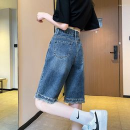 Women's Jeans 5 Point Denim Shorts For Summer Thin High Waisted Ruffled Panel Design With Straight Leg Wide Loose