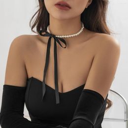 Choker Lacteo Elegant Black Wide Cloth Rope Chain Necklace Women Imitation Pearl Beaded Neck Spliced Trendy Party Collar