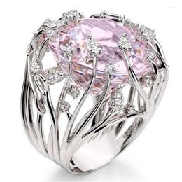 Cluster Rings Delicate Exquisite Silver Colours For Women Trendy Metal Inlaid Pink Stone Wedding Engagement Jewellery