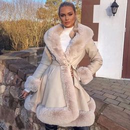 Women's Fur Faux Fur Women Fashion PU Leather Tie Belt Waist Mid-Length Coats Side Pockets Jackets Elegant Solid Faux Fur Jacket Female Overcoat 230925