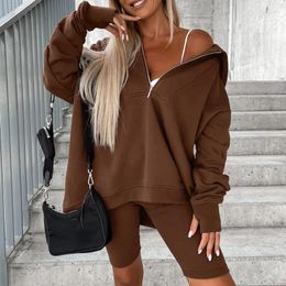 Women's Tracksuits Fashion Casual Solid Color Loose 2pc Set Autumn Zipper Hooded Pullover Tops Slim Leggings Outfits Women Simple Sports