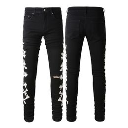 Mens Jeans Brand Ripped Bone Patterned Leather Stretch Black Skinny Fashion High Street Slim Fit Elastic Denim Pants 230925