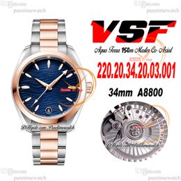VSF Aqua Terra 150M A8800 Automatic Ladies Watch 43mm Two Tone Rose Gold Blue Texture Dial Stainless Steel Bracelet Super Version 220.20.34.20.03.001 Womens Puretime H8