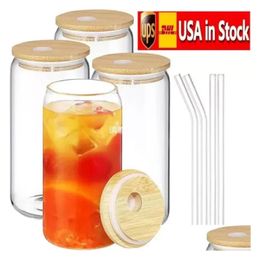 Mugs Ca/Usa 16Oz Sublimation Glass Can Glasses Beer Tumbler Frosted Drinking With Bamboo Lid And Reusable St Drop Delivery Home Gard Otrxa