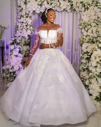 2023 ottobre arabo Aso Ebi Plus Size abito da sposa in pizzo bianco con perline abito da ballo in tulle abiti da sposa abiti ZJ055