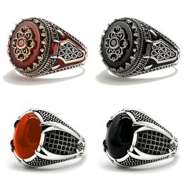 Wedding Rings Retro Handmade Islamic Men Ring Vintage Turkish Double Swords Black Red CZ Stone Punk Trendy Religious Muslim Jewellery 230926