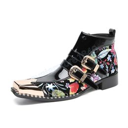 Punk Style Print Real Leather Floral Men Shoes Military Cowboy Ankle Boots Metal Square Toe Buckle Shoes Man Sapatos Social