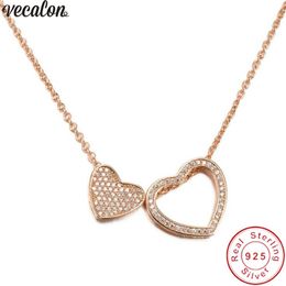 Vecalon Double Heart Shape pendant 925 Sterling silver 5A zircon Wedding Engagement Pendants with necklace for Women Jewelry307D