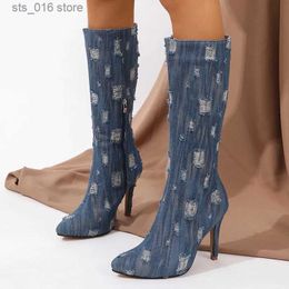 Boots Ripped Denim Thin Heels Knee High Boots Women Zipper Pointed Toe Cowboy Boots Woman 2023 Autumn Fashion Slim Jeans Long Booties T230927