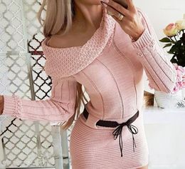 Casual Dresses Fashion Sexy Off Shoulder Woollen Knit Dress 2023 Women's Temperament Commuting Style Splicing U-shaped Collar Mid Skirt