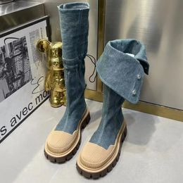 Boots Denim Chelsea Knee High Women Platform 2023 Designer Winter Flats Shoes Goth Motorcycle Casual Snow Botas 230927