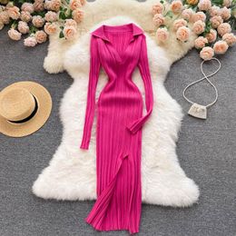 Casual Dresses Long Dress For Women V-neck Screw Thread Autumn Elastic Waist Vestido Female Side Slit Solid American Retro Drop