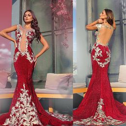 Red Mermaid Evening Dress Sheer Lace O Neck Backless Party Dresses Lace Appliques Prom Gowns