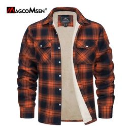 Mens Jackets MAGCOMSEN Fleece Plaid Flannel Shirt Jacket Button Up Casual Cotton Thicken Warm Spring Work Coat Sherpa Outerwear 230927