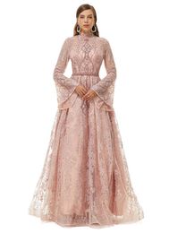 New Evening Dress Major Beading Lace Waist Dress Light Luxury Flare Sleeves Long Dress Arab Dubai ENG05