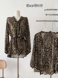 Women's Blouses Spring Women V-Neck Long Sleeve Shirt Loose Fit Leopard PrintedLace Up Sashes Female Elegant Casual Vintage Streetwear