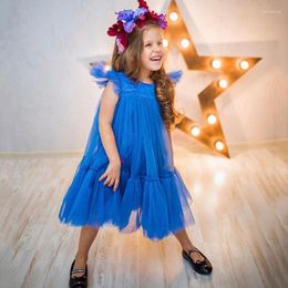 Girl Dresses Simple Jewel Royal Blue Flower Tea Length Baby Party Dress Cap Sleeves Puffy Princess First Communion