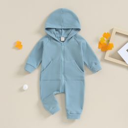 Rompers Winter Fall Baby Girls Boys Hooded Romper Solid Colour Casual Kids Clothes Long Sleeve Zipper Closure Casual Jumpsuit For Infant 230926