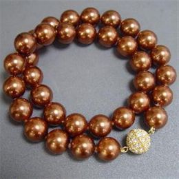 Shell Jewellery 12mm Brown Colour South Sea Shell Pearl Necklace Rhinestone Magnet Clasp New 243a