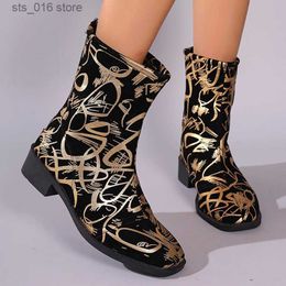 Boots Rimocy Fashion Gold Printed Ankle Boots Women Back Zipper Low Heels Short Booties Female 2023 Autumn Square Toe PU Leather Botas T230927