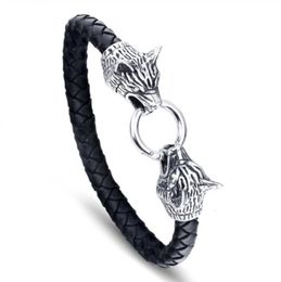 Bangle Viking Wolf Head Leather Bracelet for Men Street Cool Fashion Jewellery Man Gift 230926