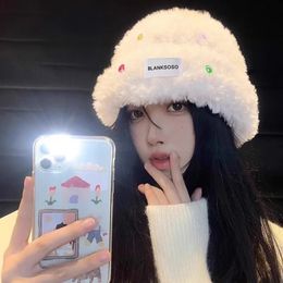 Wide Brim Hats Bucket Y2K Fur Hat Women Soft Plush Winter Warm Ear Protection Cap Colourful Buttons Outdoor Snow Coldproof Benines Caps 230927