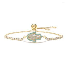 Charm Bracelets Blue&White Cubic Zirconia Crystal Hamsa Hand Of God Bracelet Women CZ Stones Box Chain Gold-plated Brass Jewellery Present