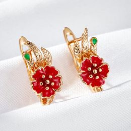 Brincos de argola wbmqda 585 cor ouro rosa vermelho esmalte formato de flor gota para mulheres acessórios étnicos de joias para festa de casamento