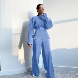 Women's Two Piece Pants Elegant Pleated Pant Suit Women 2 Outfits Sashes Stand Collar Blouse Tops And High Waist Wide Leg Blue Trouser Sets