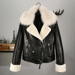 Women's Leather Faux Leather Winter cotton inside thicker warm real sheep leather jackets female was thin natural fur coats sheep fur cuff coat F685 230927