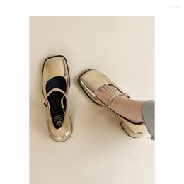 Dress Shoes 2023 Silver Thick Heels Mary Jane Women Buckle Strap Square Toe Pumps Woman Med Heele Patent Leather Female