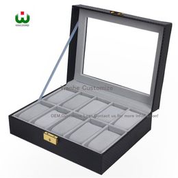 10 Grids Slot PU New Bias Leather Brand Logo Watch Box Display Organizer Glass Top Jewelry Storage ORGANIZER BOX BLACK Grey Interi292k