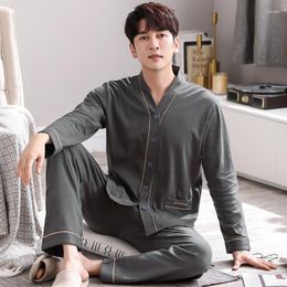 Men's Sleepwear Men Pyjamas Suit Long Sleeved Pure Cotton Simple Casual Cardigan V-neck Homewear Set All Plus Size Breathable Autumn