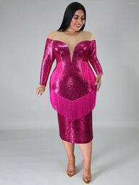 Plus Size Dresses Fringe Sequins Women Sexy See Through Tulle Patchwork Luxury Evening Cocktail Party Event Midi Outfits 3XL 4XL