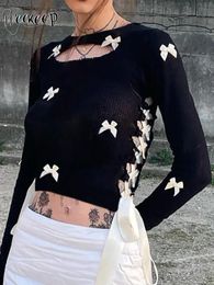 Women's Blouses Shirts Weekeep Side Split Bandage Crop Top Cute Bow Patchwork y2k Vintage T-shirt Black Long Sleeve Hollow Out T Shirt Clothing 230927